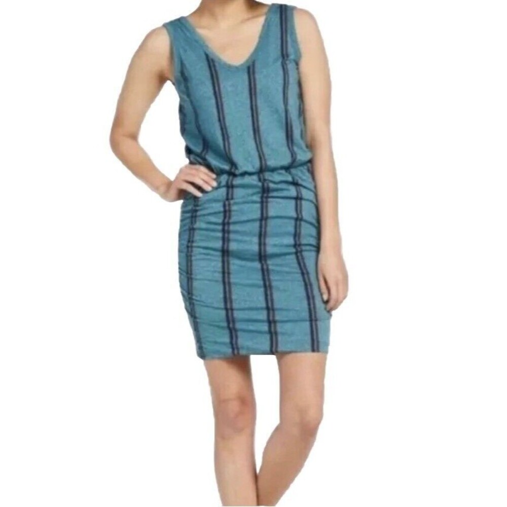 D126 Sundry Teal Stripe Scrunch Dress Sleeveless V-Neck Size Large